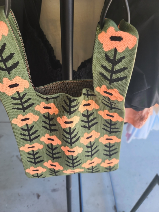 Free People Handbags - Free People Olive Green Knit Shoulder Bag with Peach Floral Motif